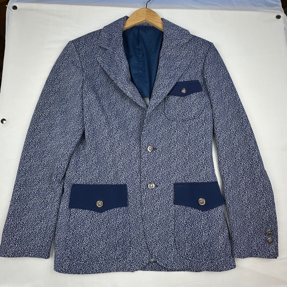 Vintage 70s Blue‎ Textured Knit Leisure Blazer Silver Crest Buttons Men S